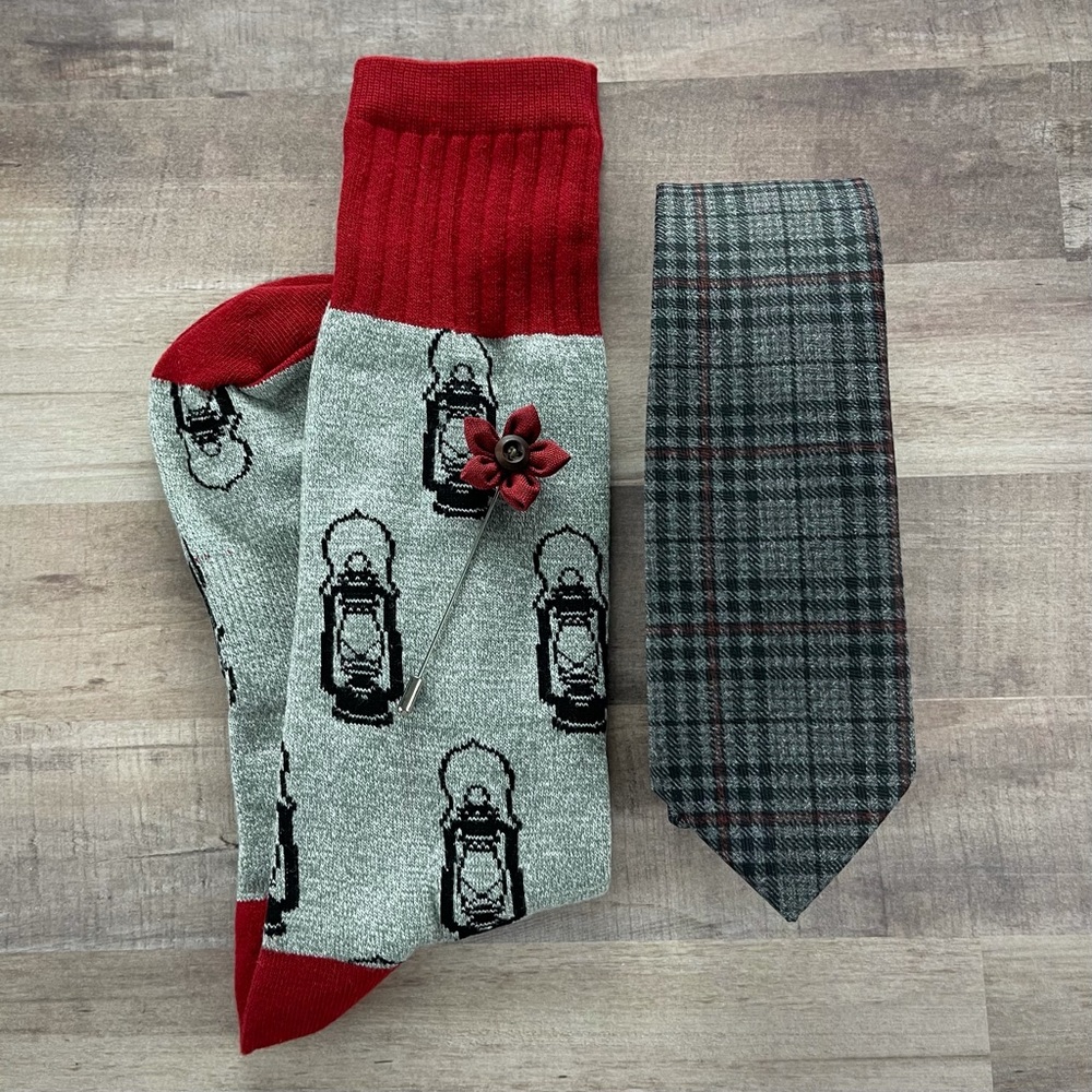 Men's Grey & Red Tartan Tie, Lantern Socks & Lapel Pin Set